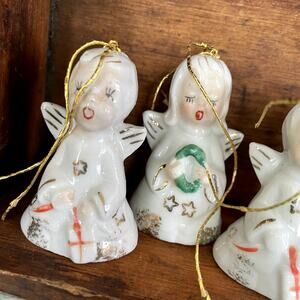 Vintage Hand Painted Porcelain Bell Ornaments Commodore Japan Angels PAIR